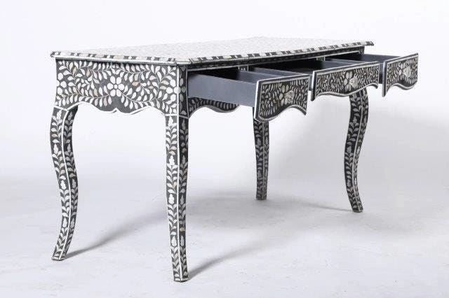Mother of pearl inlay floral pattern with three drawer wooden console or writing desk table