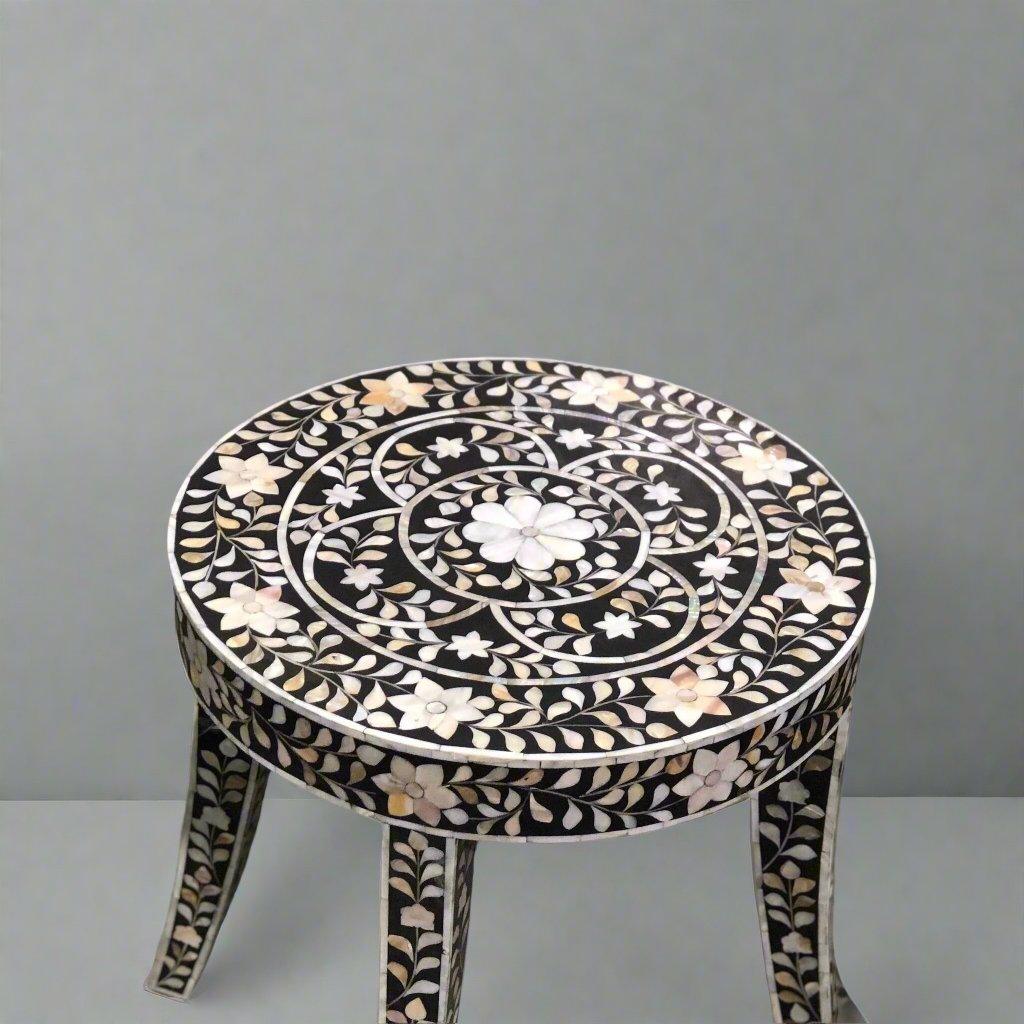 MOP inlay in Black floral pattern wooden plant stand or side table