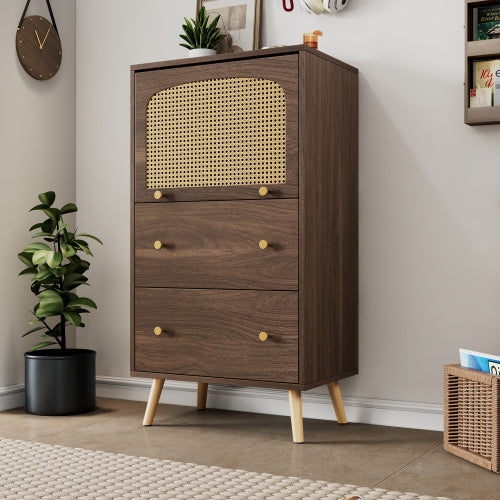 Breathable Rattan Storage Sideboard, 2 Drawer 1 Upward Flip Door Storage Bookcase Cabinet, L 60 XW 40 XH 113 Cm
