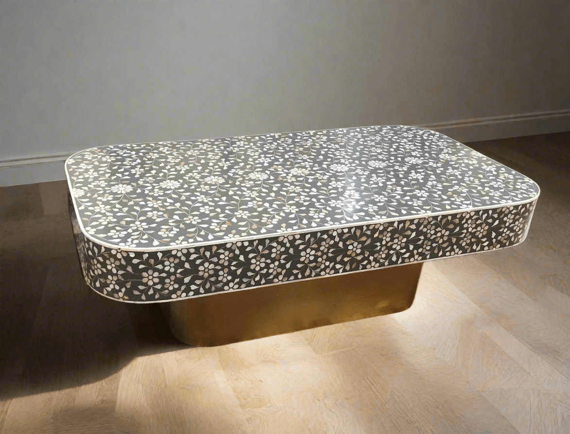 Mother of pearl inlay floral pattern with brass metal base on wooden coffee table