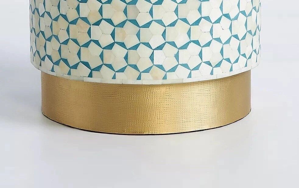 Heritage inlay targua pattern with brass base on wooden round End table in teal