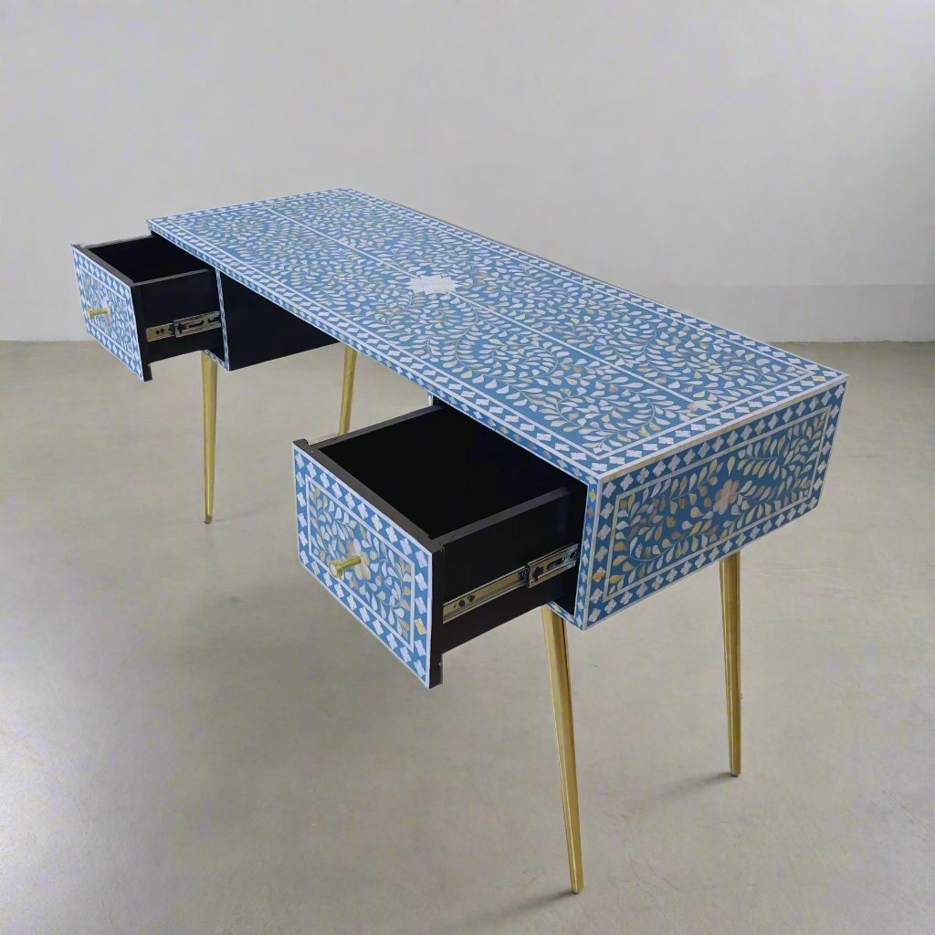 Mother of Pearl Inlay 2 Drawer Desk or Console Gold Coated Metal Legs