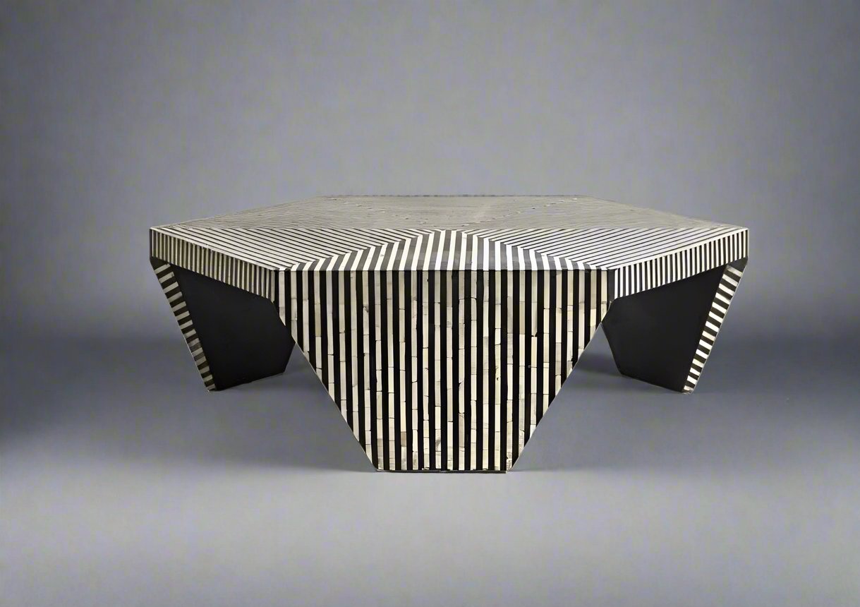 Heritage inlay stripes pattern Hexagon wooden coffee table in Black