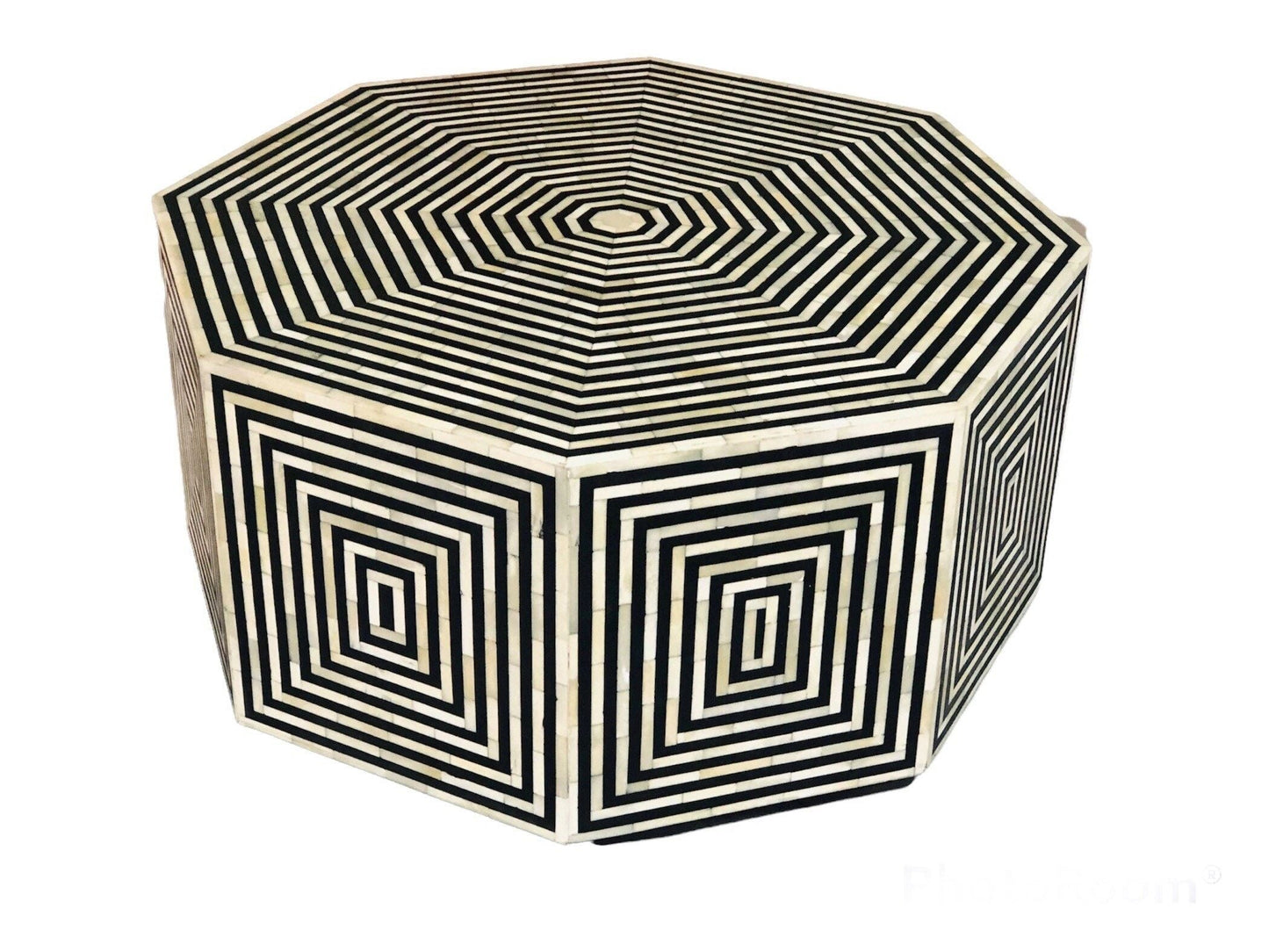 Heritage inlay geometric pattern on wooden hexagon coffee table
