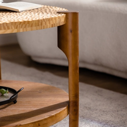 Round Coffee Table With Solid Wood and carved Top