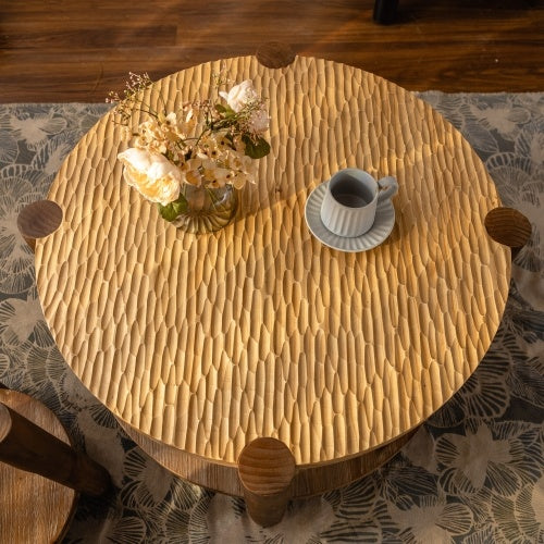 Round Coffee Table With Solid Wood and carved Top