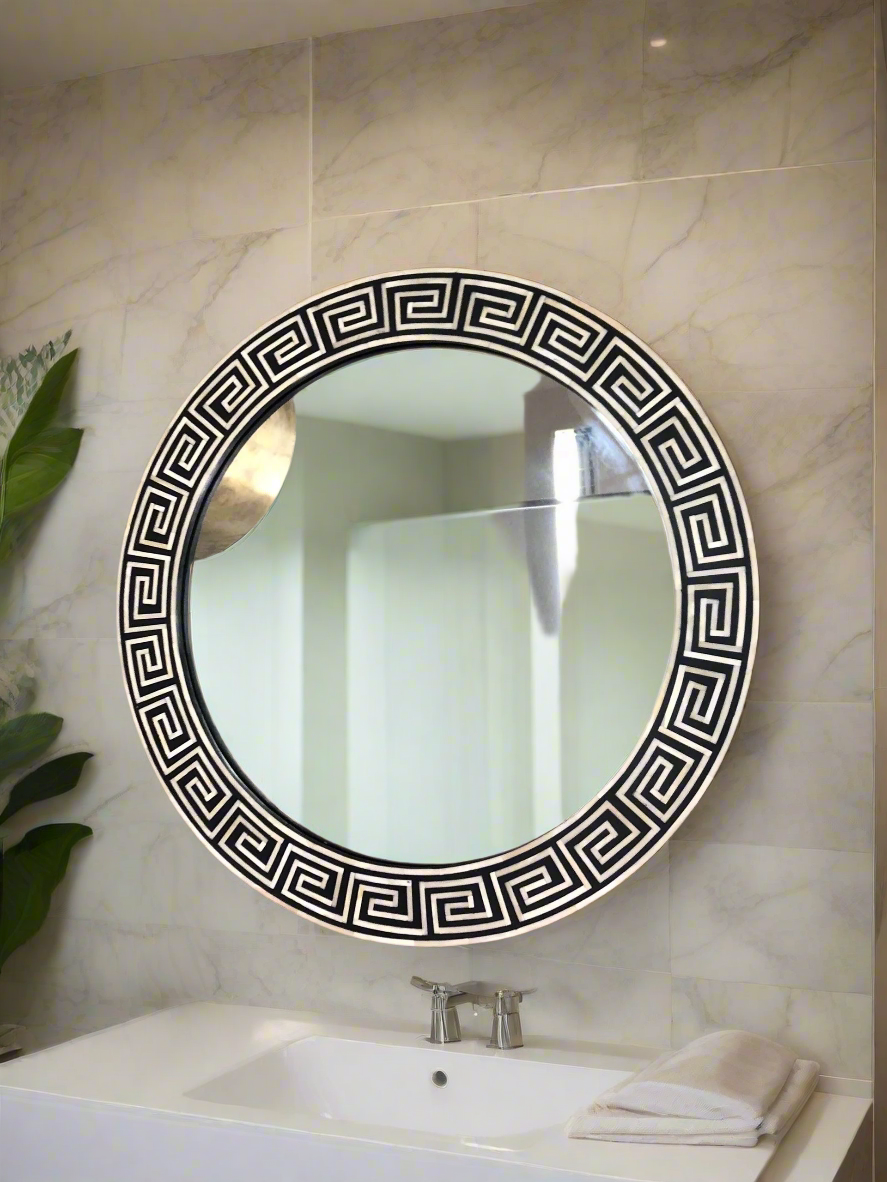 Heritage inlay round wall mirror frame in geometric pattern