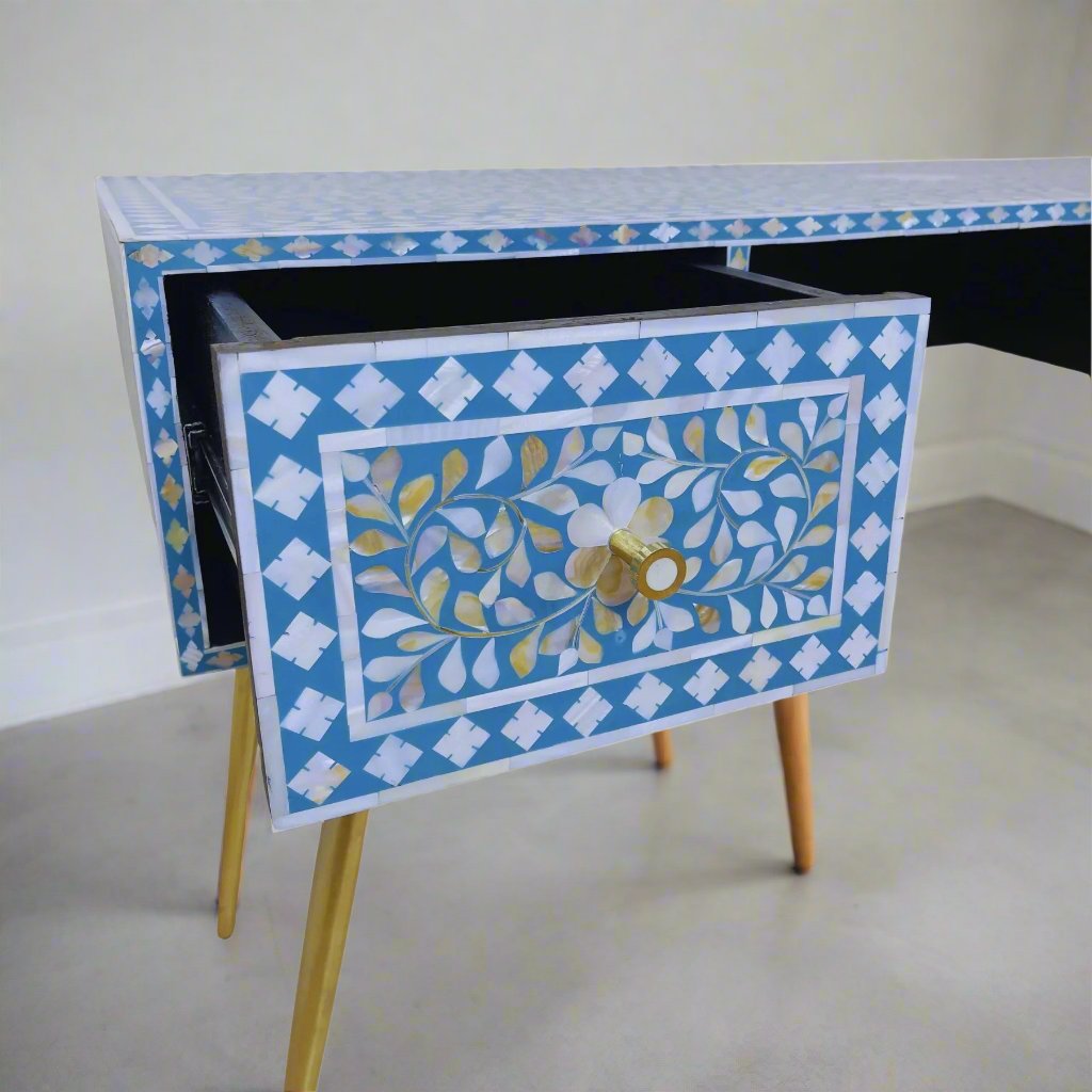 Mother of Pearl Inlay 2 Drawer Desk or Console Gold Coated Metal Legs