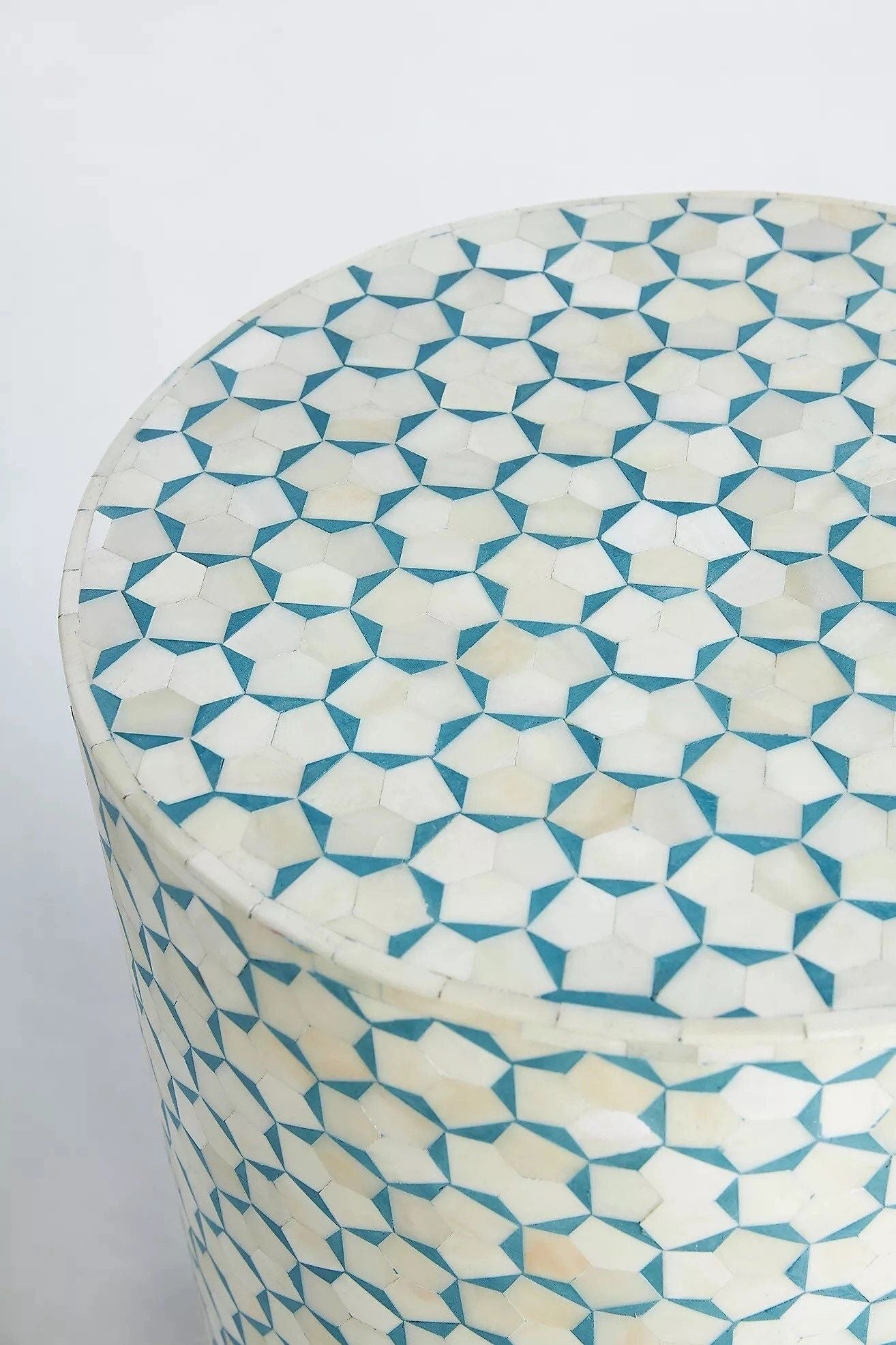 Heritage inlay targua pattern with brass base on wooden round End table in teal