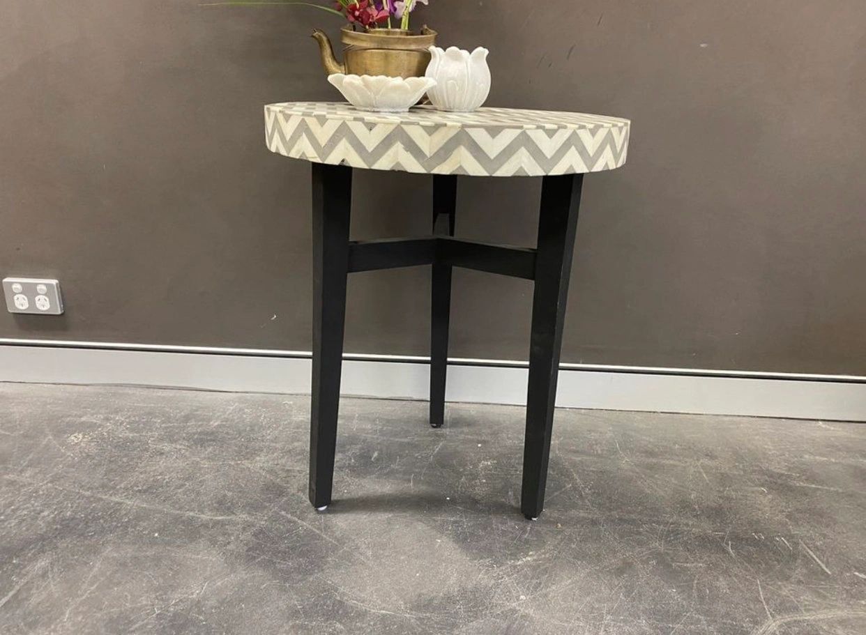 Heritage inlay in Black geometric pattern wooden plant stand or side table in grey