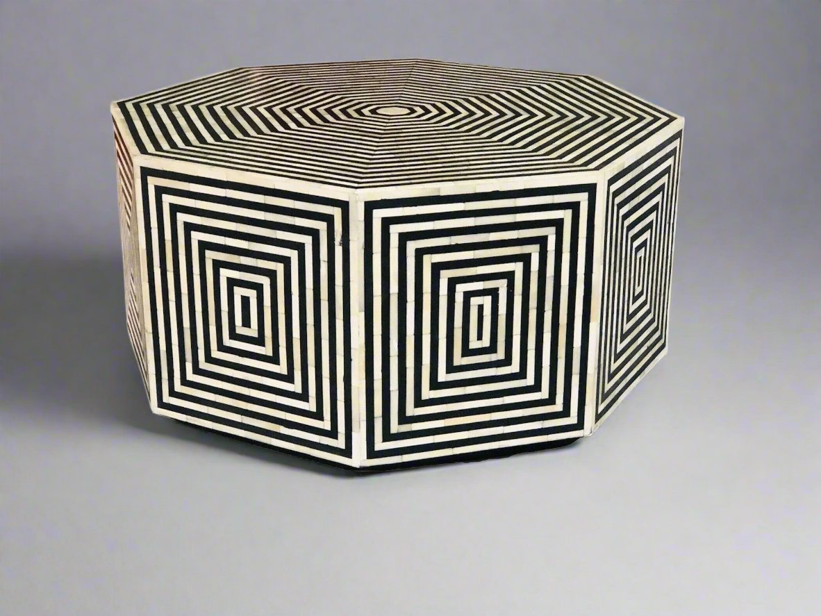 Heritage inlay geometric pattern on wooden hexagon coffee table