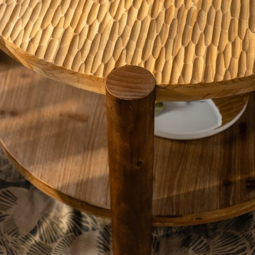Round Coffee Table With Solid Wood and carved Top