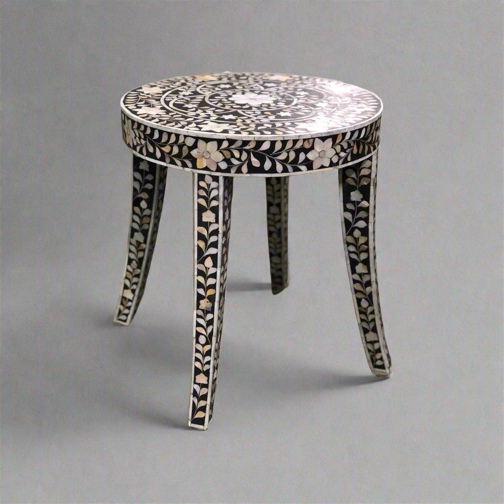 MOP inlay in Black floral pattern wooden plant stand or side table
