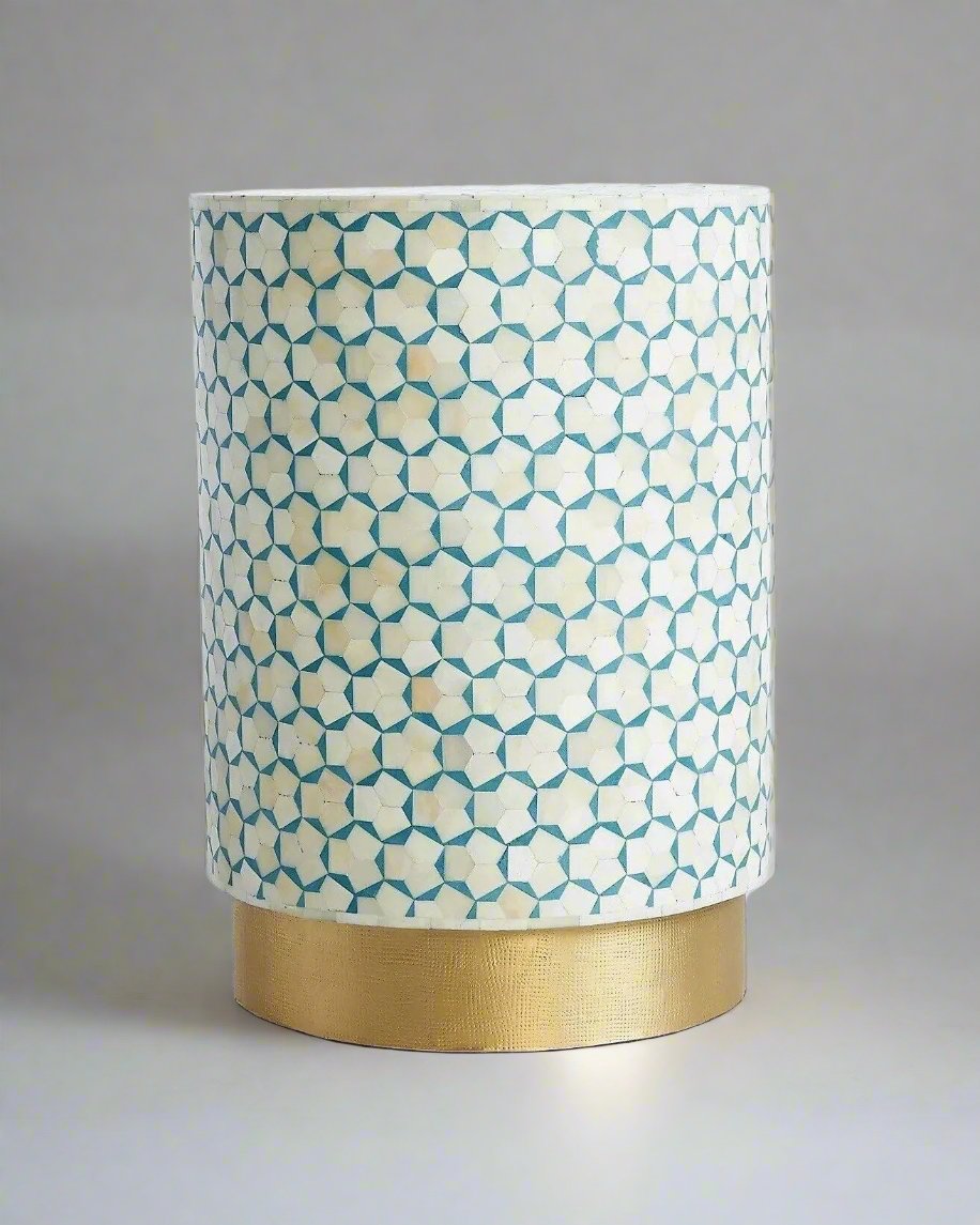 Heritage inlay targua pattern with brass base on wooden round End table in teal