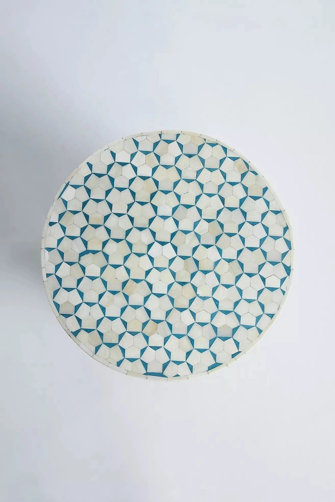 Heritage inlay targua pattern with brass base on wooden round End table in teal