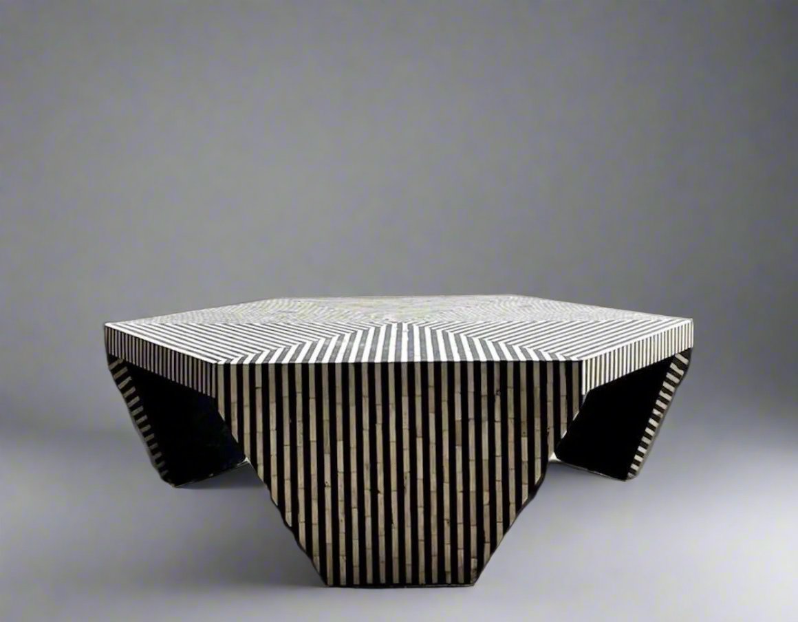 Heritage inlay stripes pattern Hexagon wooden coffee table in Black