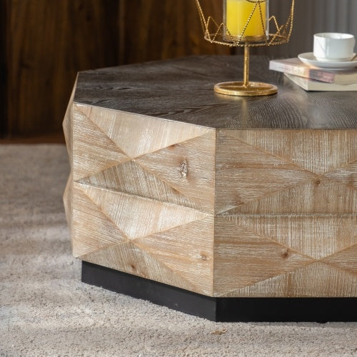 Octagon Coffee Table Wood Center Table With Three-Dimensional Embossed Pattern Rustic Finish