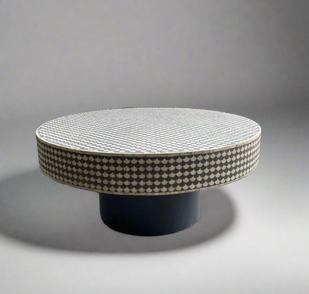 Heritage inlay pattern on wooden round coffee table