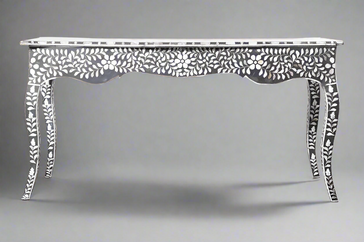 Mother of pearl inlay floral pattern with three drawer wooden console or writing desk table