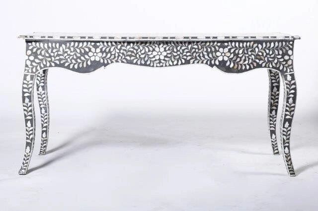 Mother of pearl inlay floral pattern with three drawer wooden console or writing desk table