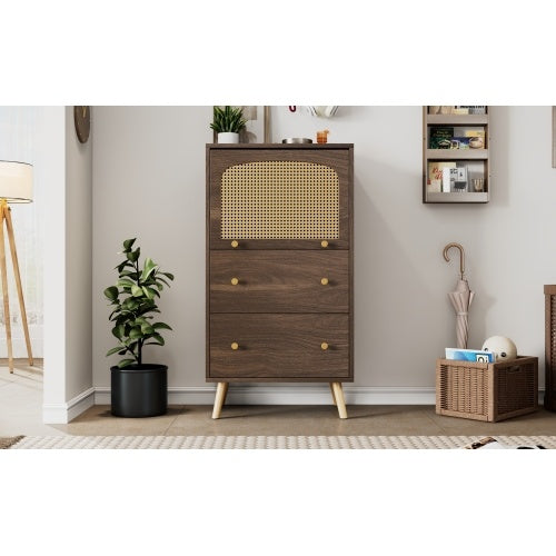 Breathable Rattan Storage Sideboard, 2 Drawer 1 Upward Flip Door Storage Bookcase Cabinet, L 60 XW 40 XH 113 Cm