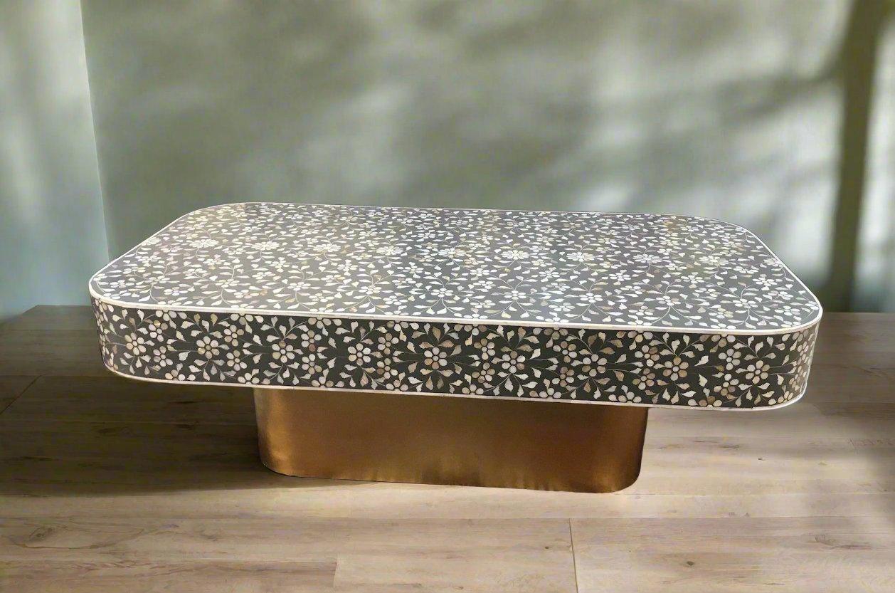 Mother of pearl inlay floral pattern with brass metal base on wooden coffee table