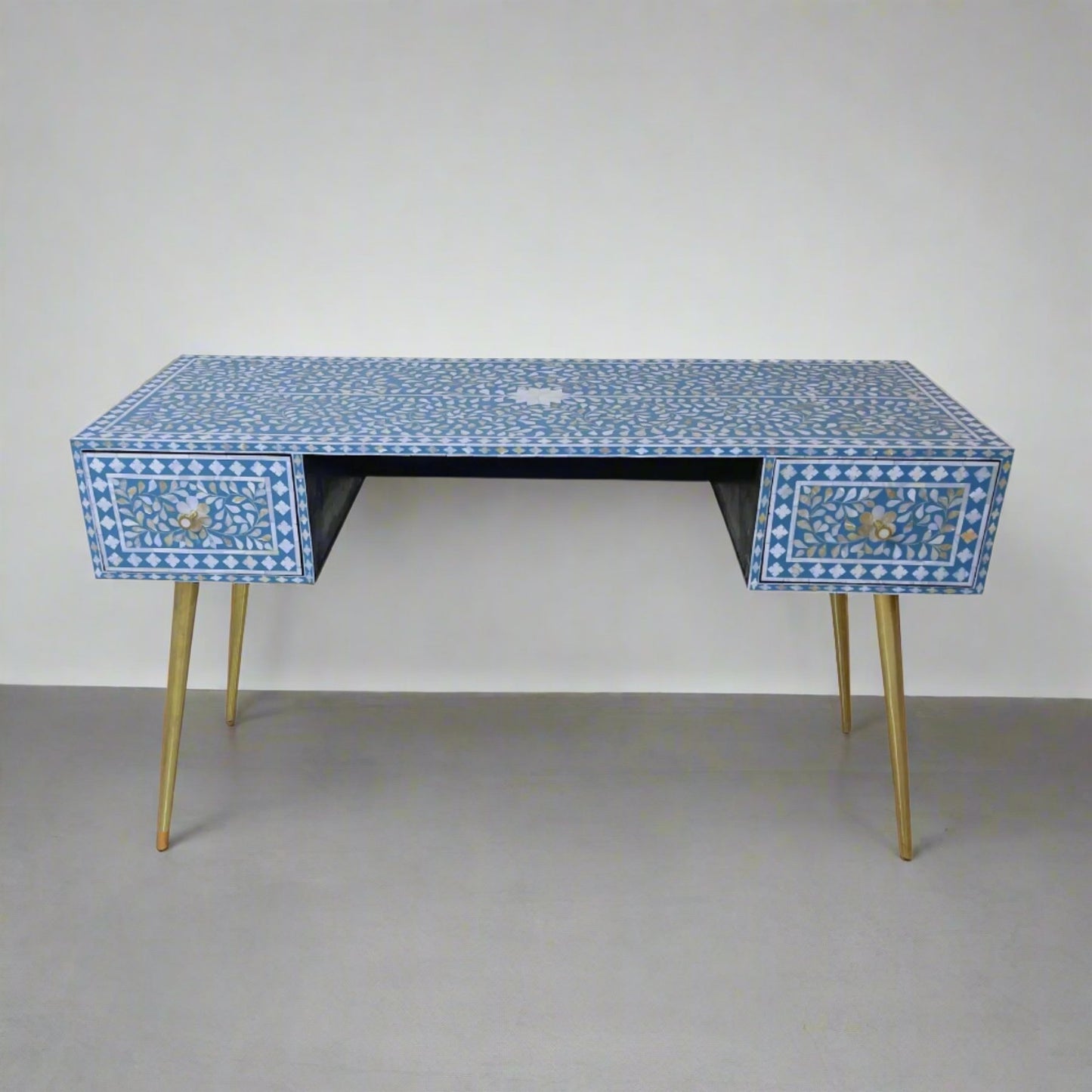 Mother of Pearl Inlay 2 Drawer Desk or Console Gold Coated Metal Legs