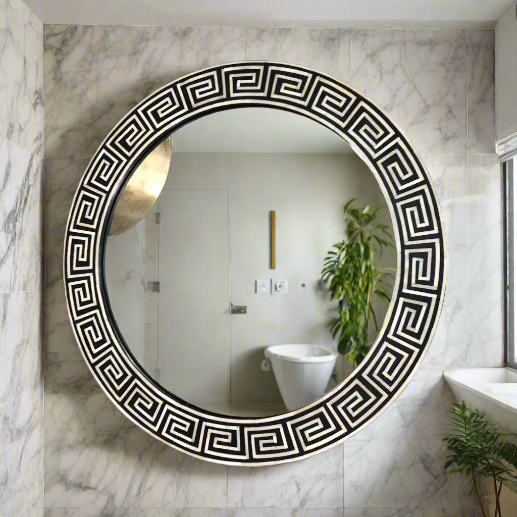 Heritage inlay round wall mirror frame in geometric pattern