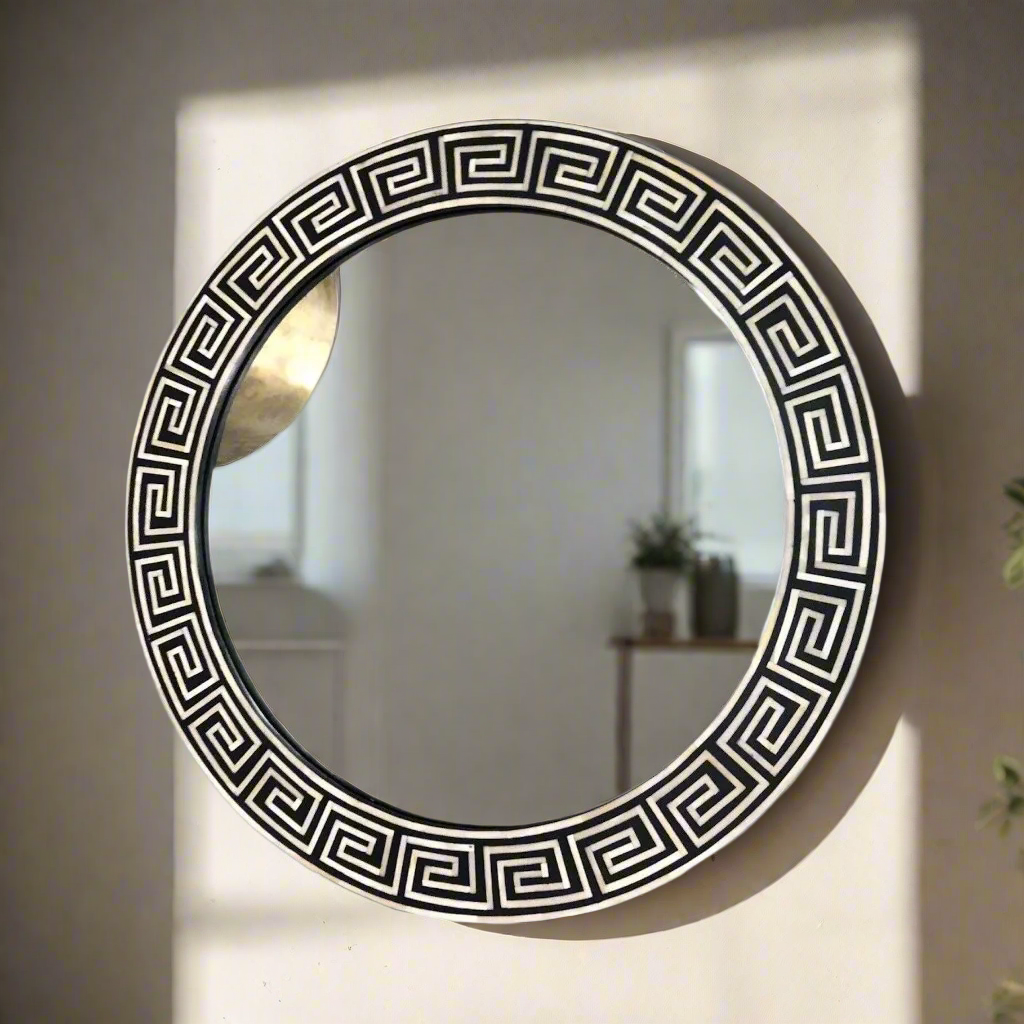 Heritage inlay round wall mirror frame in geometric pattern