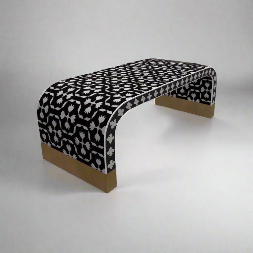 Heritage inlay geometric pattern with brass metal base legs wooden waterfall coffee table