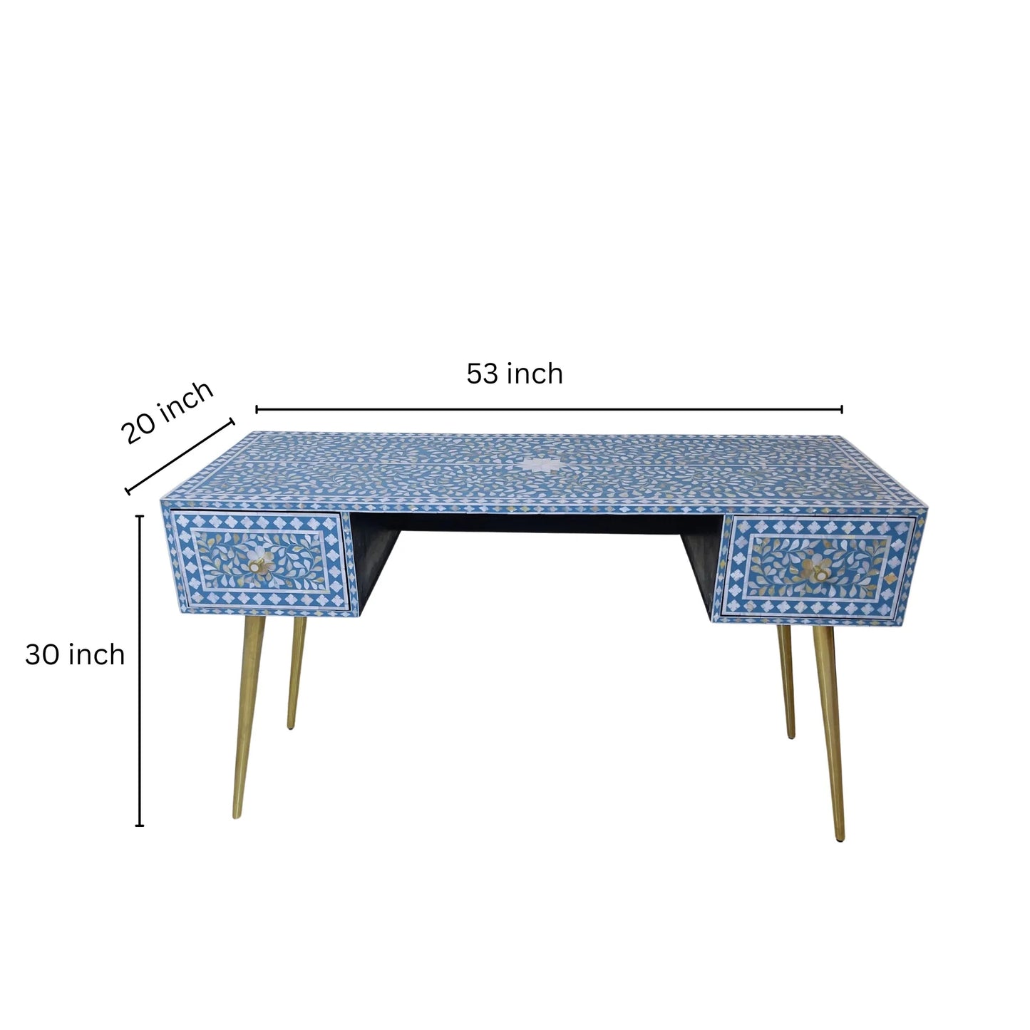 Mother of Pearl Inlay 2 Drawer Desk or Console Gold Coated Metal Legs