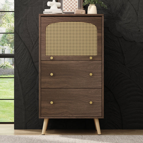 Breathable Rattan Storage Sideboard, 2 Drawer 1 Upward Flip Door Storage Bookcase Cabinet, L 60 XW 40 XH 113 Cm