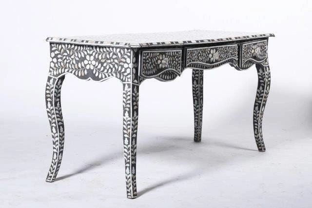 Mother of pearl inlay floral pattern with three drawer wooden console or writing desk table