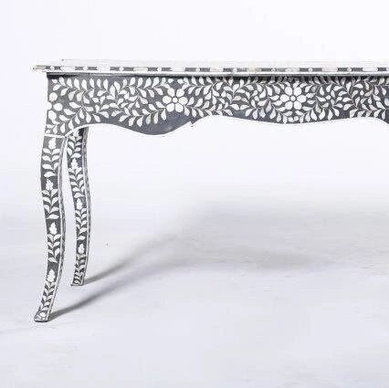Mother of pearl inlay floral pattern with three drawer wooden console or writing desk table