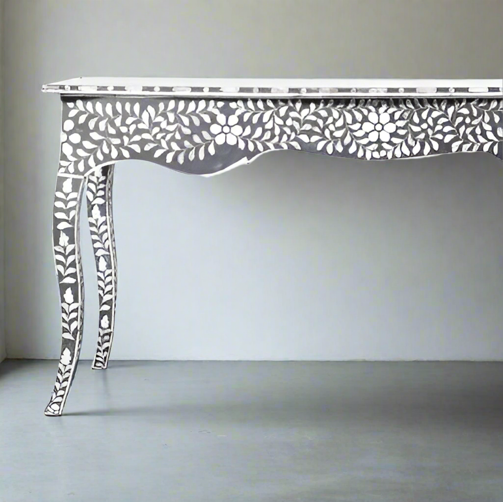 Mother of pearl inlay floral pattern with three drawer wooden console or writing desk table