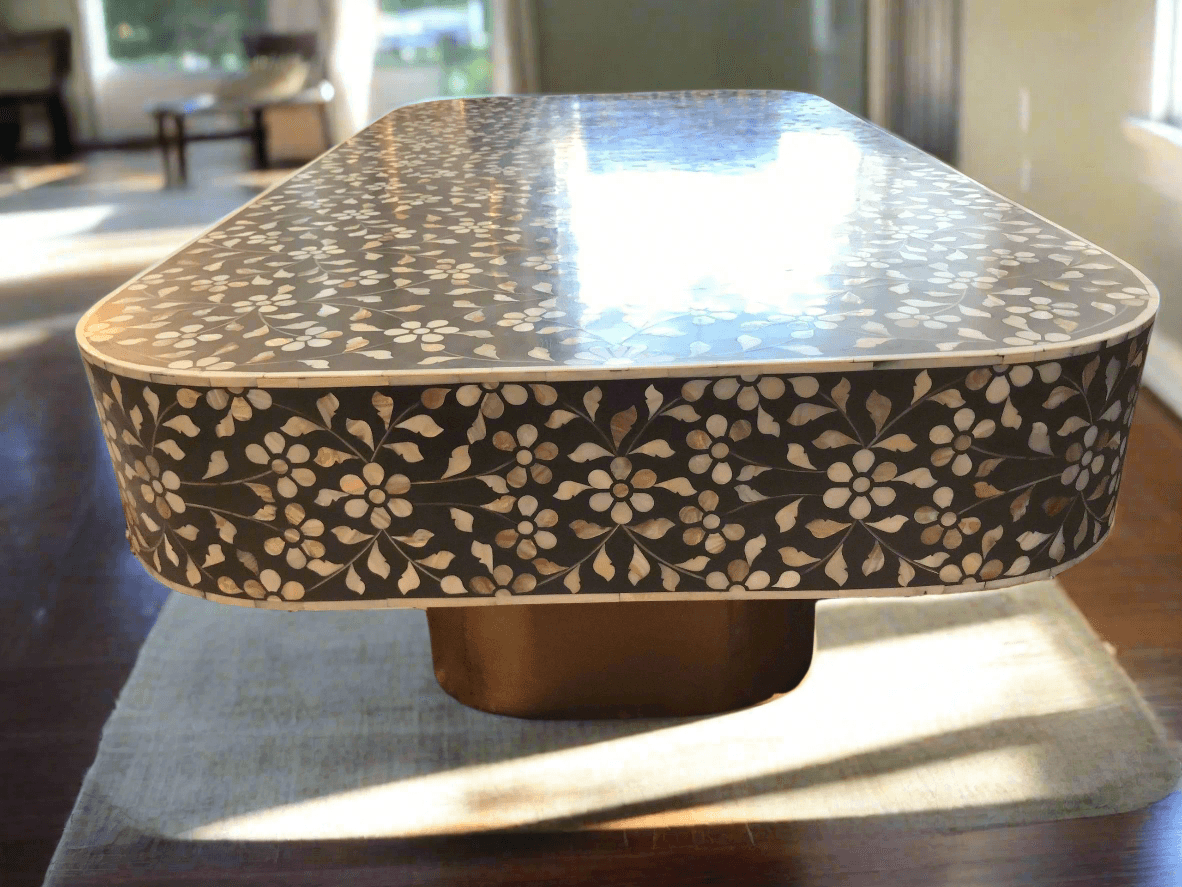 Mother of pearl inlay floral pattern with brass metal base on wooden coffee table