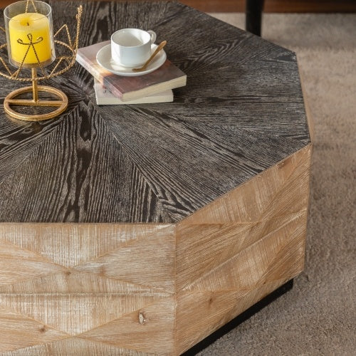 Octagon Coffee Table Wood Center Table With Three-Dimensional Embossed Pattern Rustic Finish