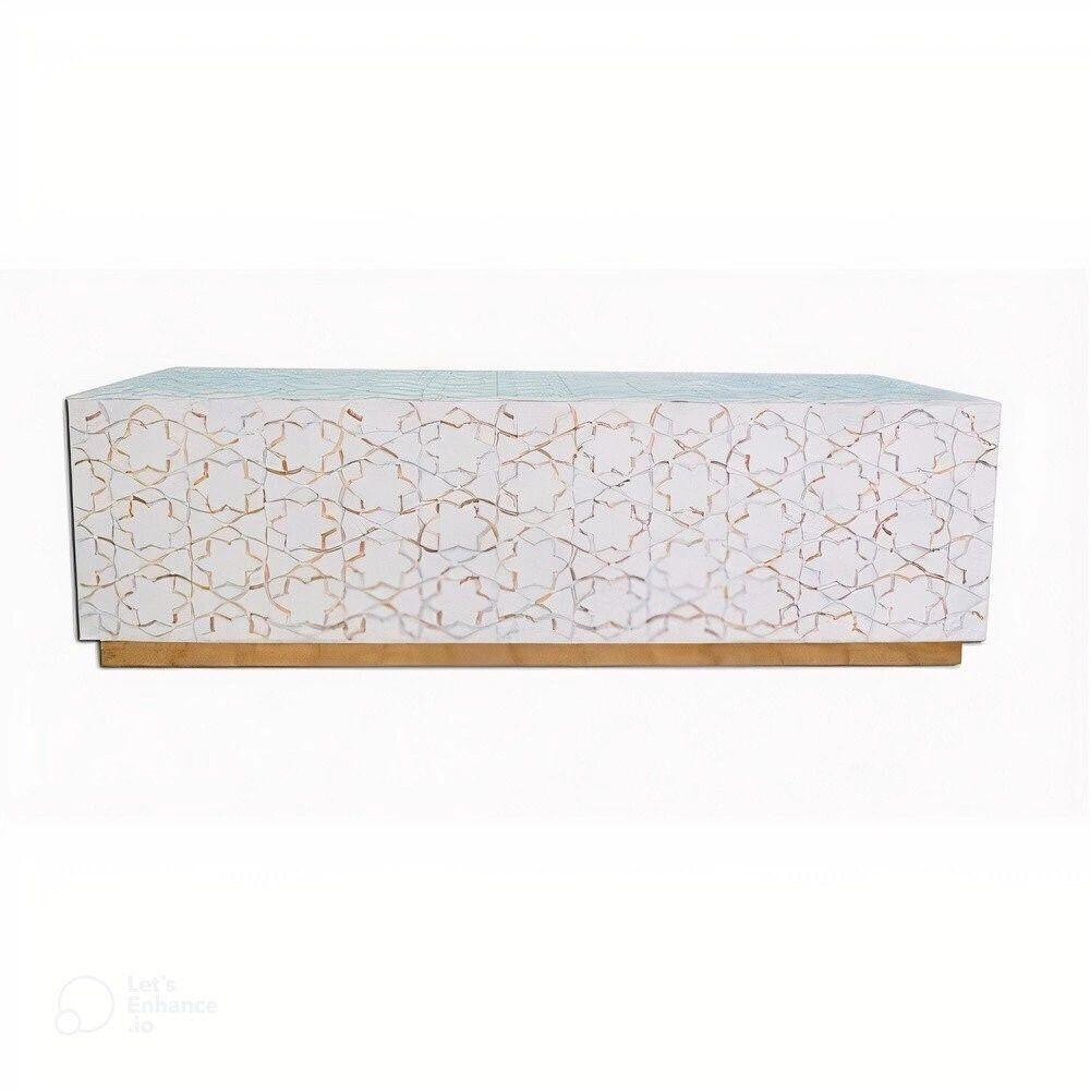 Mother of pearl inlay star pattern with brass metal base on wooden rectangle coffee table