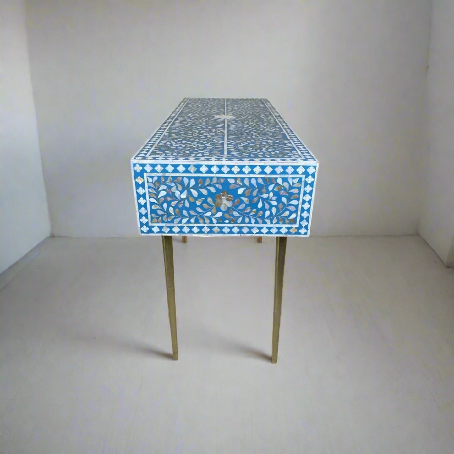 Mother of Pearl Inlay 2 Drawer Desk or Console Gold Coated Metal Legs