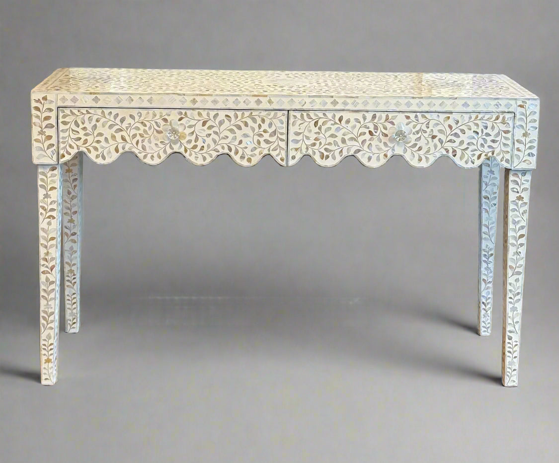 Mother of Pearl Inlay 2 Drawer Console - White Floral