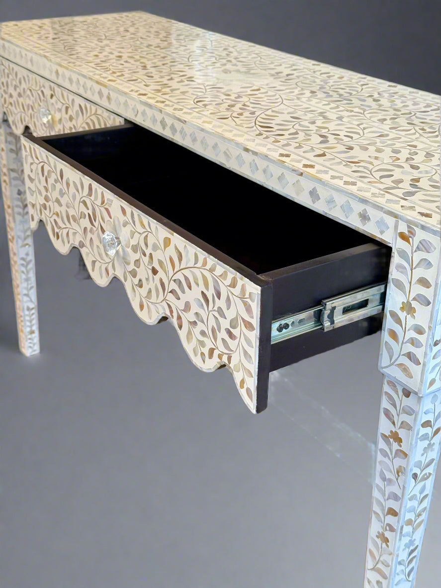 Mother of Pearl Inlay 2 Drawer Console - White Floral