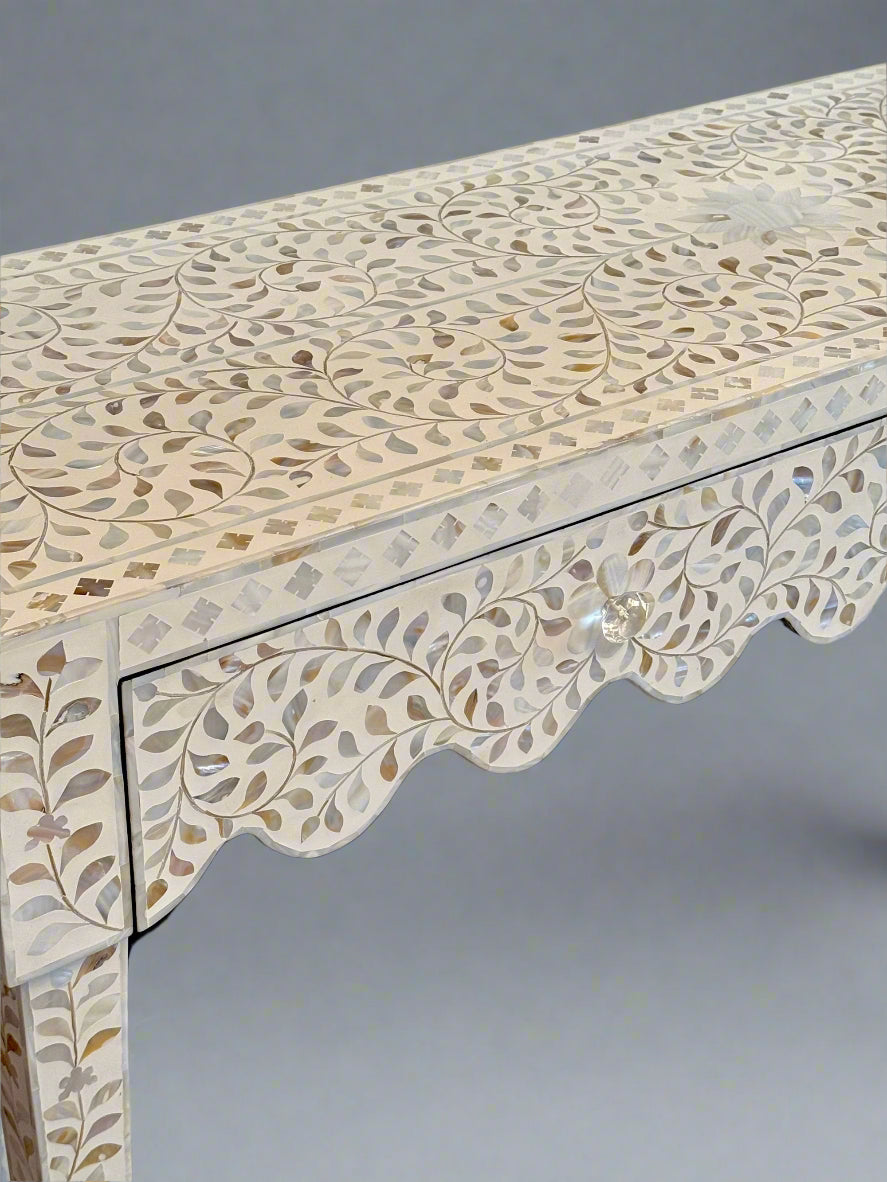 Mother of Pearl Inlay 2 Drawer Console - White Floral