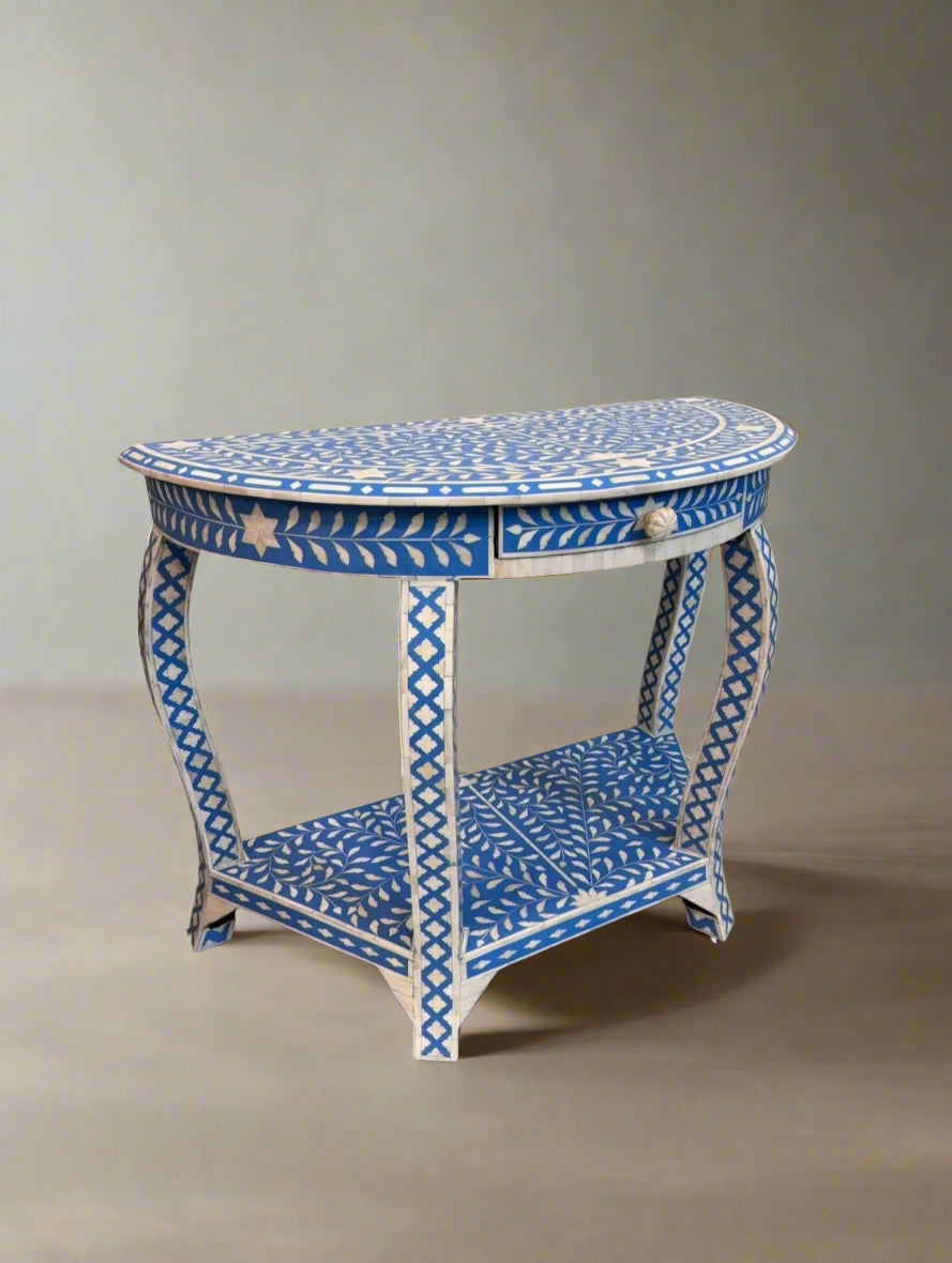 Heritage inlay floral pattern one drawer carved wooden console table