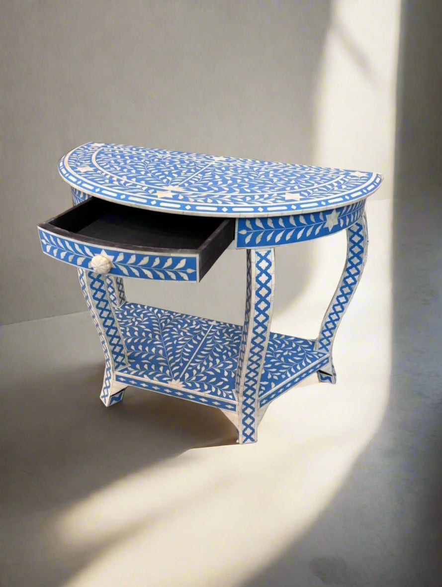 Heritage inlay floral pattern one drawer carved wooden console table
