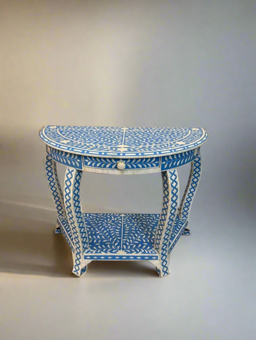 Heritage inlay floral pattern one drawer carved wooden console table
