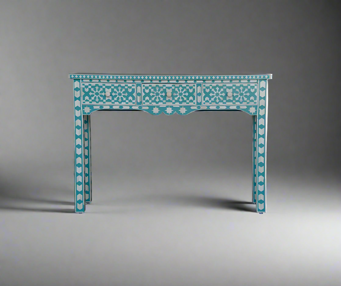 Heritage Inlay Moroccan Pattern Console Table featuring intricate geometric designs in blue and white.