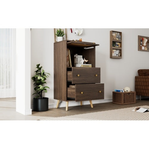 Breathable Rattan Storage Sideboard, 2 Drawer 1 Upward Flip Door Storage Bookcase Cabinet, L 60 XW 40 XH 113 Cm