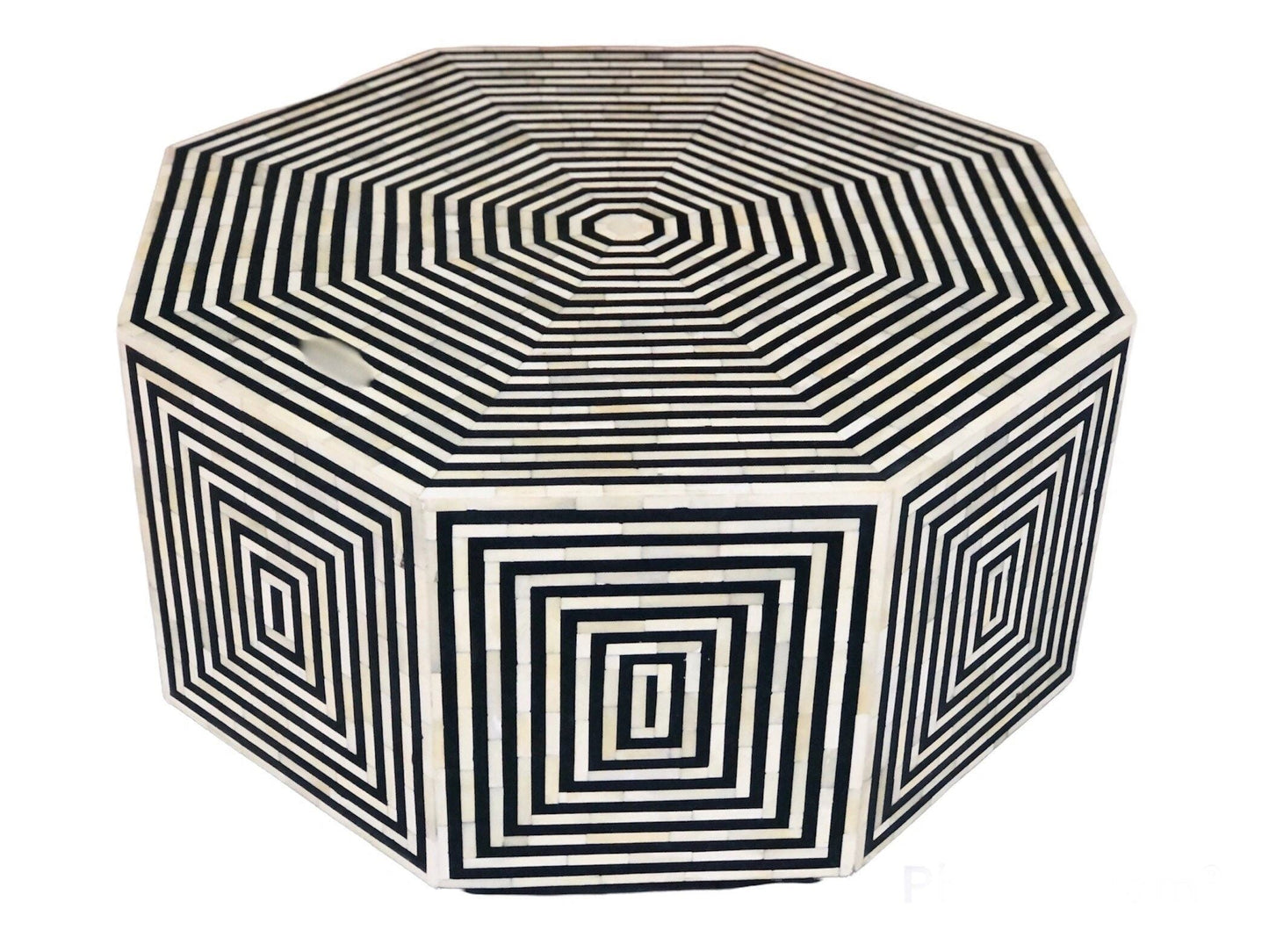 Heritage inlay geometric pattern on wooden hexagon coffee table