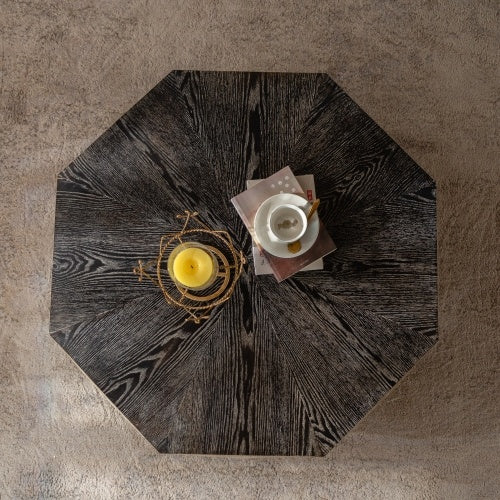 Octagon Coffee Table Wood Center Table With Three-Dimensional Embossed Pattern Rustic Finish