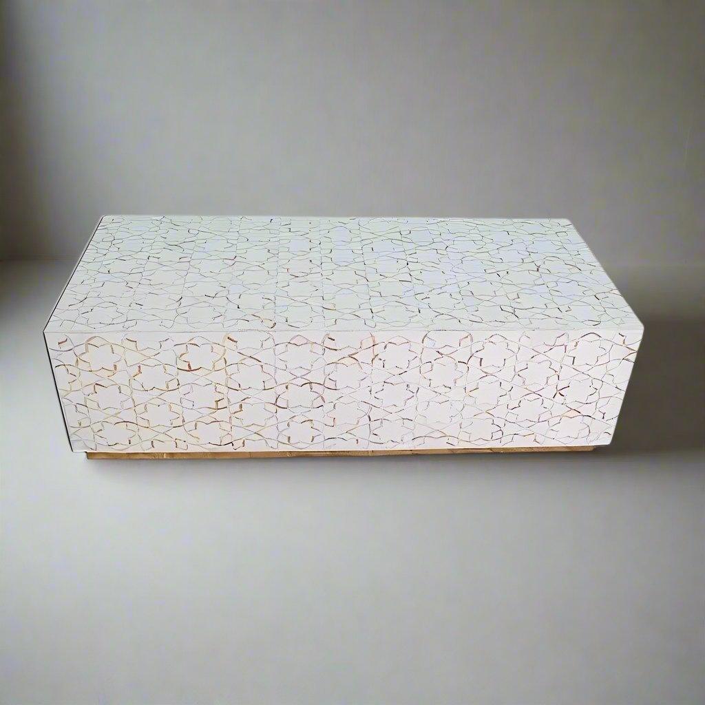 Mother of pearl inlay star pattern with brass metal base on wooden rectangle coffee table